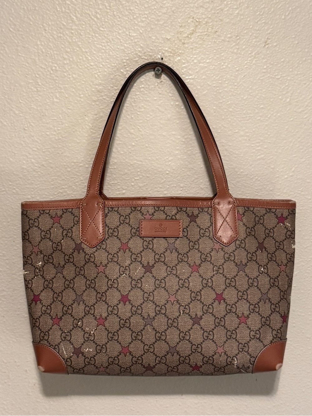 GUCCI Stars GG Supreme Star Tote Bag Tan Beige Pink Coated Canvas Leather